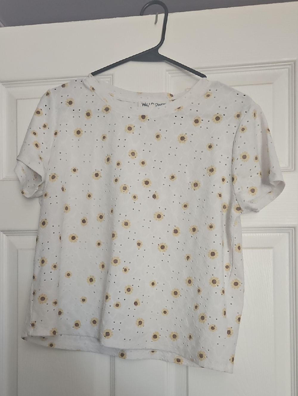 Wallflower White Tee with Yellow Sunflower Eyelet Pattern